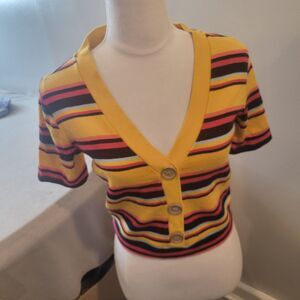 Bershka Yellow Striped Short Sleeve V Neck Cotton Top Large